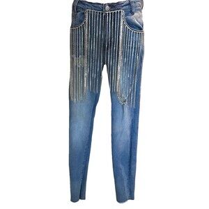 Hot & Delicious Rhinestone Fringe Jeans Y2K Inspired Distressed Womens Small NWT